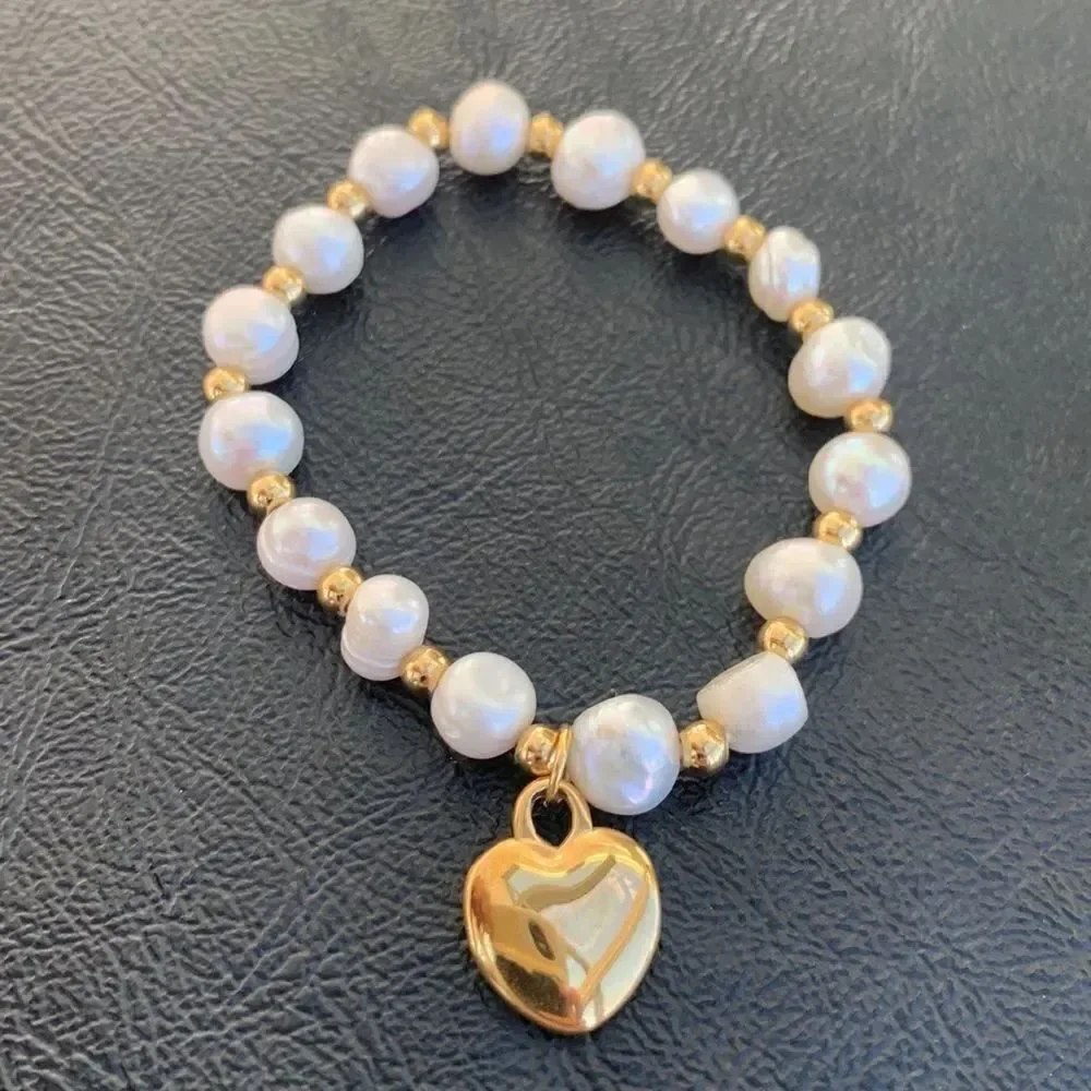 Genuine Freshwater Pearl Bracelet, Golden Heart Charm